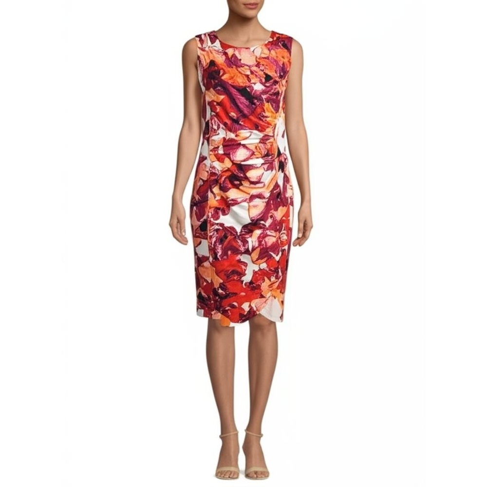 Dana Buchman Dress S Multicolor Sheath Drape Abstract Floral Vibrant Modern Chic